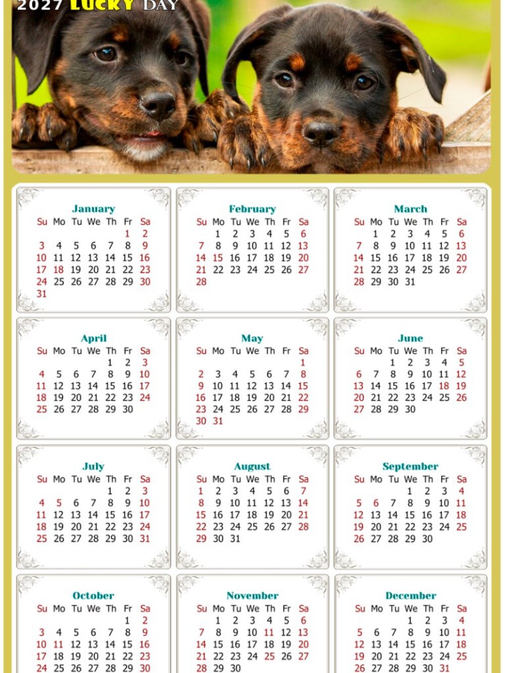 2027 Magnetic Calendar - Today is my Lucky Day - Dogs Themed 04 (7 x 10.5)